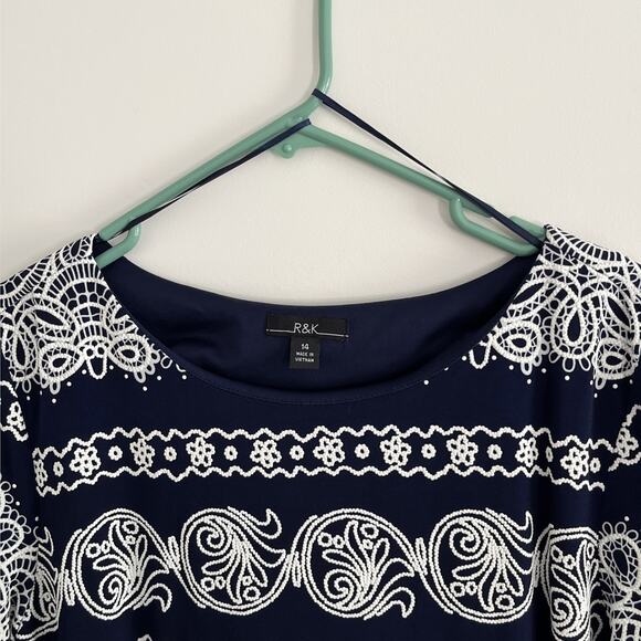 R&K Navy Blue & White Paisley Lace Print Dress Women’s Size 14 Short Sleeve NWT - Picture 2 of 15